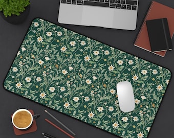 Sage Green Floral Mouse Pad – Large William Morris Inspired Desk Mat with Daisies, Botanical Workspace Decor for Cottagecore & Writers