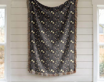 Woven Blanket Celestial Witchy Dark Florals Moon Blanket Dark Academia Cottagecore Decor Mystical Home Accent Floral Throw Blanket