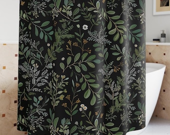 Botanical Shower Curtain Dark Green, Moody Floral Bathroom Decor, Gothic Fern Aesthetic, Witchy Cottagecore Gift