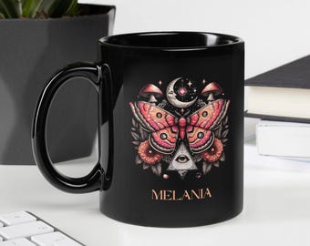 Celestial Moth Black Coffee Mug Custom Mystic Boho Tea Cup Lunar Moth Gift for Cottagecore Lovers Desk Decor Birthday Gift idea for Friends