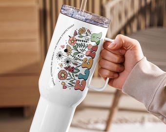 Personalized 40 Oz Tumbler with Handle – Custom Floral Design & Name – Motivational Travel Mug – Perfect Gift for Mom, Sister, or Her