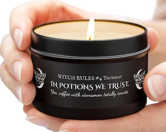 Thursday Witch Candle, "In Potions We Trust" Spell Tin Candle, Broomstick Ritual Soy Candle, Mystical Gift for Witches,Cozy Magic Decor Mood