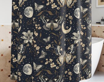 Black Botanical Shower Curtain Moody Floral Luna Moth Woodland Chinoiserie Dark Academia Home Gothic Cottagecore Decor Whimsigoth Bathroom
