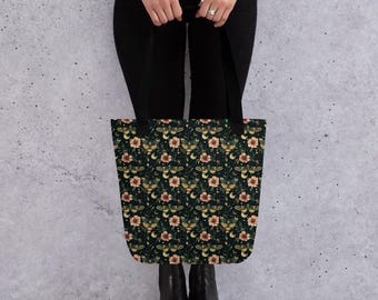 Luna Moth Tote Bag – Boho Floral Art Print Shopper – Gothic Aesthetic Gift – Large Colorful Canvas Bag – Witchy Nature Vibe