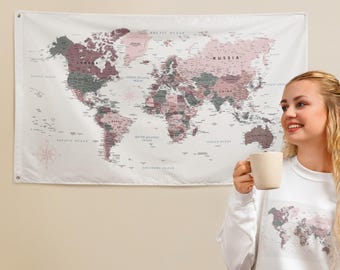 World Map Flag Tapestry Gray Wall Art,Playroom wall World Map Large Detailed Cities & State Map,Dorm Room Decor, Noel Gift Office wall decor