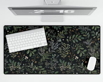 Botanical Mouse Pad Green, Dark Cottagecore Desk Mat, Garden Aesthetic with Wildflowers & Ferns, Witchy Vintage Decor, Deskmat cottagecore