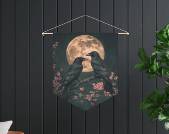 Romantic Raven Couple in Dark Forest Wall Flag Gothic Crow Pennant Dark Academia Witchy Halloween Tapestry dark Cottagecore Altar Wall Decor