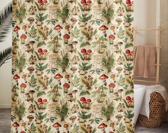Beige Mushroom Shower Curtain Boho Cottagecore Bathroom Decor | Fall Forest Toadstool Witchy Bath | Whimsical Autumn Botanical Decor