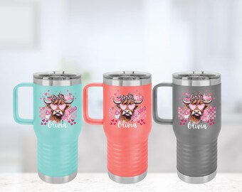 Highland Cow Valentine Travel Mug with Handle, 20oz Personalized Name Tumbler,Custom Coffee Gift for Her Teal Tumbler, Cute Drinkware
