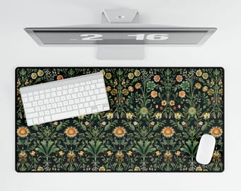 Large Dark Floral Desk Mat William Morris Mouse Pad for Dark Academia, Gothic Home Office Mousepad, Cottagecore & Aesthetic Workspace Decor
