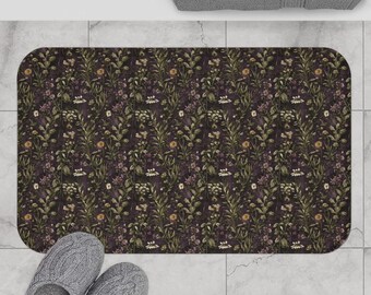Bath Mat Black Botanical Bathroom Vintage Apothecary Herbs & Plants Dark Academia Bathroom Accessories Botanical Bath Cottagecore Home Gift