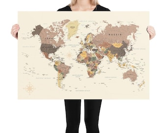 Vintage World Map Poster Huge,Couples Globe Travel Map,Large Map Art for Wall,Accurate World Map Brown,Christmas Gift for Office, Dorm Decor