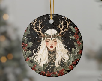 Ceramic Ornaments Antler Green Witch, Yule Witch Christmas Tree Decor, Holiday Ornament, Pagan Gift, Dark Woodland Ceramic Tree Decor Wicca