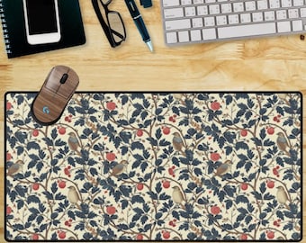 William Morris Strawberry Thief Desk Mat, Cottagecore Botanical Mouse Pad, Floral Office Mat with Birds and Berries, Large Vintage Pad