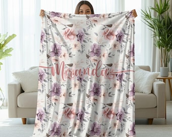 Throw Blanket Watercolor Wild Flowers Custom Personalized Name Girl Gift Baby Room Decor Floral Soft Polyester Blanket Flower Girl Gift