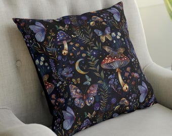 Witchy Fall Pillow, Dark Forest Cushion with Mushrooms and Moth, Cottagecore Autumn Decor Gift, Dark Forest Pillow Cover, Gothic Cushion