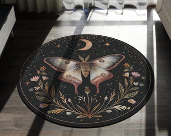 Celestial Moth Rug Dark Academia Round Mat Cottagecore Rug Butterfly Aesthetic Decor Fairycore Room Accent Mother's Day Gift