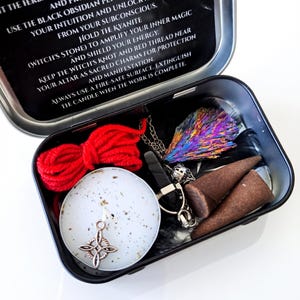 Kit de Feitiço de Proteção, Caixa para Ritual de Corte de Cordões, Presente de Natal Mágico, Altar de Bolso, Escudo de Energia Empática, Lata de Adivinhação com Pêndulo de Obsidiana