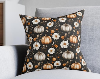 Square Pumpkin Pillow Cover Fall Cushion Case with Zipper Autumn Halloween Decor Cozy Thanksgiving Accent Floral Throw for Sofa Bed