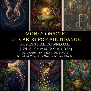 May include: A digital download set of 51 Money Oracle cards measuring 2.9 x 4.9 inches. The cards feature illustrations of coins, a glowing orb, a purse, a cornucopia, and a tree with coins. Text includes MONEY ORACLE: 51 CARDS FOR ABUNDANCE.