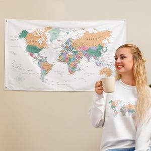 Mappa del mondo con bandiera, mappa colorata da parete, mappa minimalista, grande e dettagliata, con nomi di città e stati, arazzi per camera da letto, soggiorno, dormitorio, decorazioni natalizie.