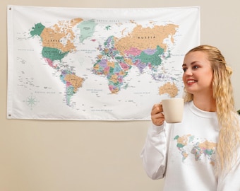 Flag World Map Colorful Wall Art Map Minimalist Large Detailed Cities & State Names Map Tapestries for Bedroom Living Room Dorm Decor Noel