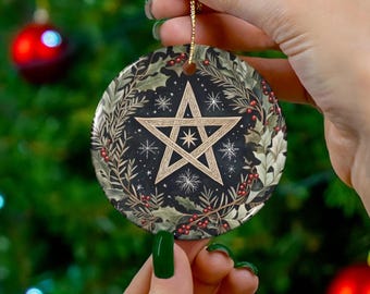 Dark Yule Pentacle Ornament Witch Christmas Tree Decor Pagan Ceramic Altar Gift Gothic Holiday Hanging Wiccan Sabbat Spiritual Home Accent