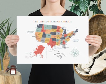 United States Map print, Usa map poster,Homeschool Wall Poster,Cool maps usa,Independence day decoration,Classroom decor high school Teacher