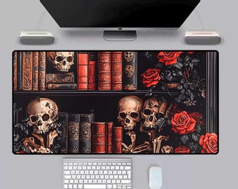Gothic Desk Mat | Wizarding Bookshelf Mousepad | Wicca Library Witchy Desk Pad | Dark Cottagecore Office Keyboard Mat