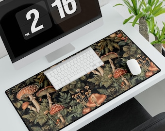 Mushroom Desk Mat – Whimsigoth Mouse Pad with Apothecary Herbs | Witchy Cottagecore Office Decor | Dark Floral Aesthetic Gift