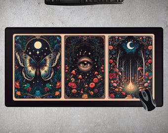 Tarot Desk Mat XL – Moth, Moon & Eye Symbolism, Large Witchy Mouse Pad, Boho Spiritual Office Decor, Dark Forest Altar Gift