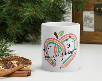 White glossy mug-Geriausias Mokytojas-Coffee mug for him,Perfect gift for male teacher,Ideal Gifts for home or work,Mug for daily use Noel