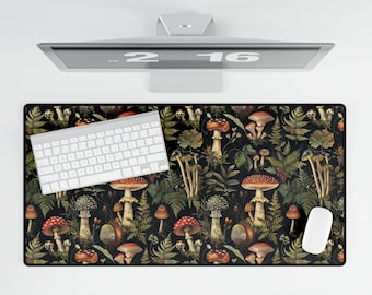 Mystical Mushroom Desk Mat on Black Fern Forest Mouse Pad Witchy Dark Cottagecore Decor for Altar Tarot Reading and Green Witch Vibes