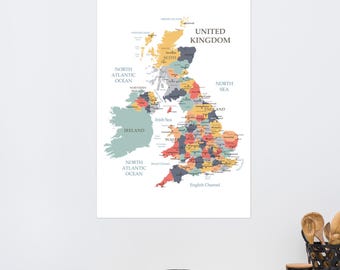 Wall Poster United kingdom map PRINTED & SHIPPED, Housewarming gift for friends UK map, Great Britain map wall art poster papre,Travel Gift
