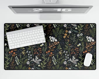 Dark Cottagecore Mouse Pad – Botanical Desk Mat with Wildflowers, Ferns & Daisies – Vintage Garden Fairycore Decor