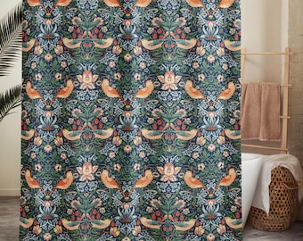 Shower Curtain Strawberry Thief William Morris: Vintage Floral Bathroom Curtain, Cottagecore Victorian Bath