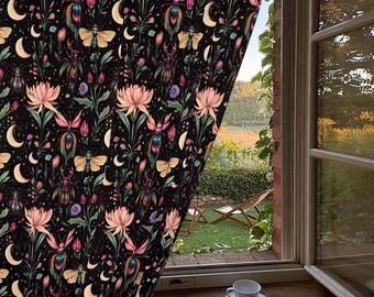 Witchy Window Curtain, Dark Cottagecore Forest Panel, Gothic Fairycore Botanical Bugs Curtains, Gothic Decor Vintage Boho Drapes One Panel