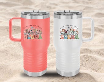 Personalized Travel Mug with Handle, 20oz Custom Name Retro Tumbler, Coffee Cup for Camping, Commuter Gift, On-The-Go Drinkware