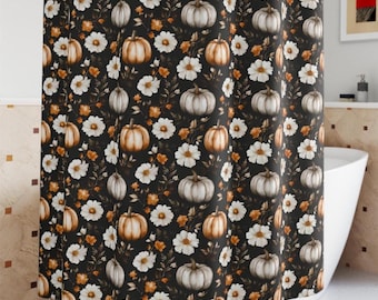 Pumpkin Fall Shower Curtain Halloween Bathroom Decor for Guest Bath Cozy Autumn Gothic Floral Accent Thanksgiving Home Washroom Style