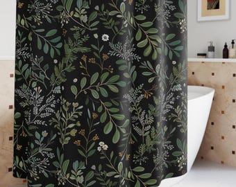 dark Green Shower Curtain Botanical Shower Curtain Moody Ferns & Daisy Dark Academia Cottagecore Bathroom Decor Gothic Woodland Chinoiserie