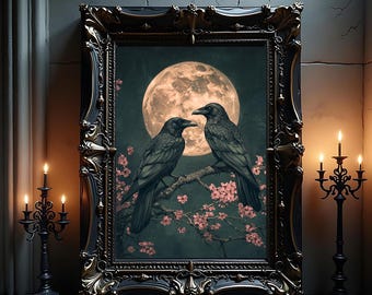 Raven Couple Wall Art Print – Gothic Dark Forest Crow Poster, Dark Academia & Cottagecore Wildlife Painting