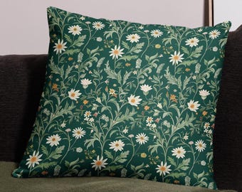 Dark Floral Botanical Pillow Cover Green Wildflower Cushion, Cottagecore & Whimsigoth Aesthetic Home Decor for Dark Academia Interiors