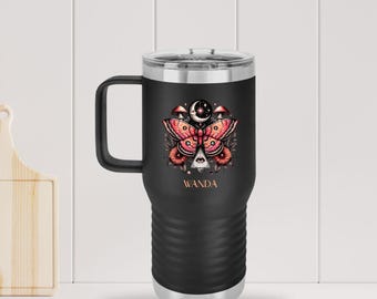 Personalized Tumbler 20 oz with Name Travel Custom Name Tumbler Boho Moth Celestial Drinkware Gift for Her Camper Accessory Mother Day Gift