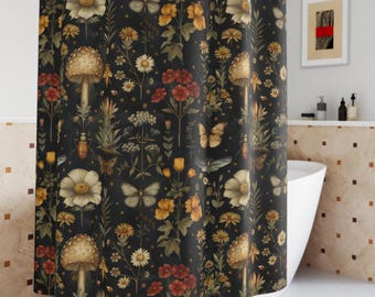 Goblincore Shower Curtain, Mushroom & Moth Forest Bathroom Decor, Dark Witchy Cottagecore Bath, Moody Fairycore Aesthetic,Wildflower Curtain