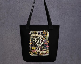 Tote bag Good Energy Is Contagious, Retro Skull Skeleton Black Bag, Wild Flower Witchy Gift for Birthday, Butterfly Skull tote bag canvas