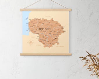 Stylish Lithuania map print with hangers, wall decor with suspension, minimalist map design, perfect home or office gift, Baltic travel art