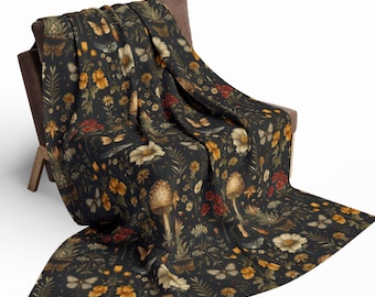 Goblincore Blanket with Moths & Mushrooms, Mystical Wildflower Throw, Cottagecore Nature Blanket, Dark Fairycore Forest Decor