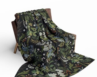 dark Moody Fern Floral Throw Blanket Dark Academia Cottagecore, Boho Botanical blanket, Maximalist Cozy Decor Fall Flowers, Whimsigoth gift