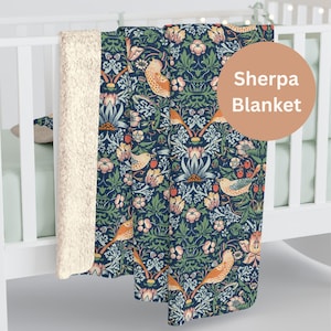 William Morris Sherpa Blanket –Strawberry Thief Throw Blanket, Fleece Floral Bed Cover, Art Nouveau Couch Throw, Fall Home Decor Cottagecore