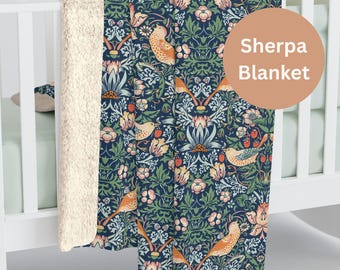 William Morris Sherpa Blanket –Strawberry Thief Throw Blanket, Fleece Floral Bed Cover, Art Nouveau Couch Throw, Fall Home Decor Cottagecore